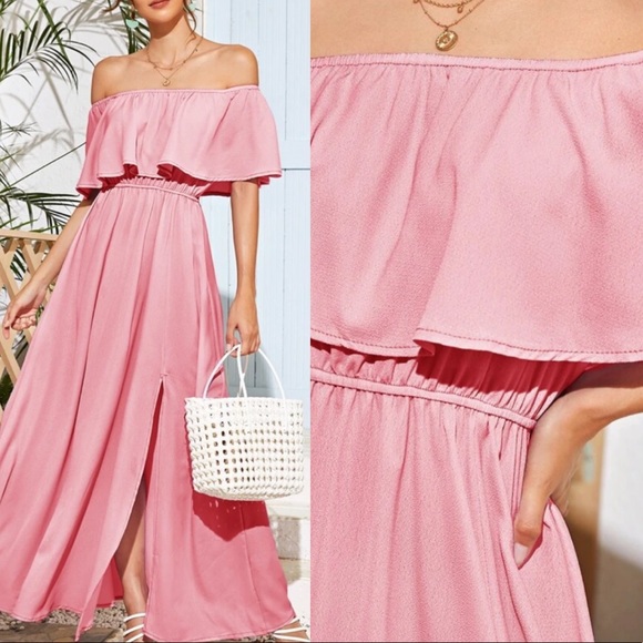 Dusty Pink polyester shoulder side slit dress - Picture 3 of 4